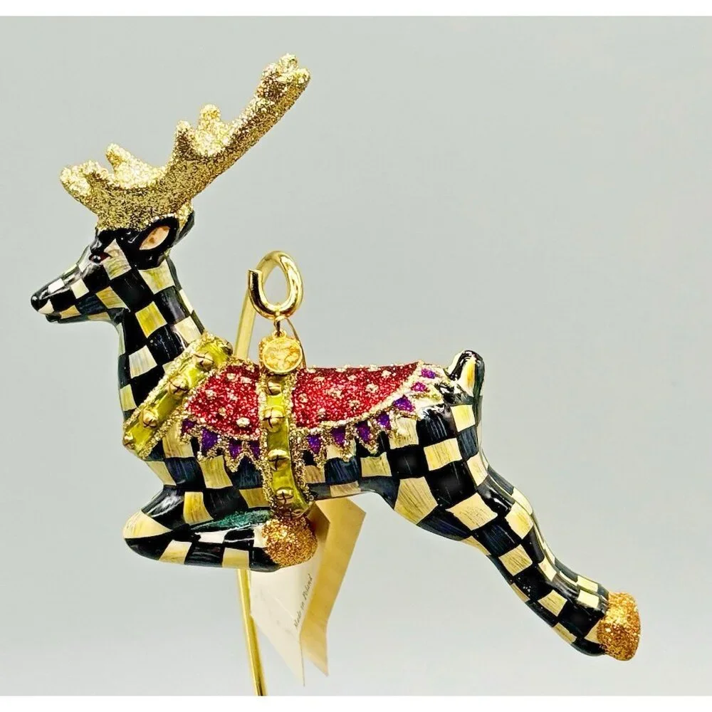 Mackenzie‎ Childs Prancer Reindeer Glass Christmas Ornament Courtly Checks Box